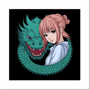 Anime Girl with Dragon Posters and Art